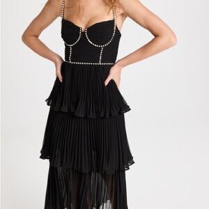 Self-Portrait Black Pleated Dress with Studded Trim